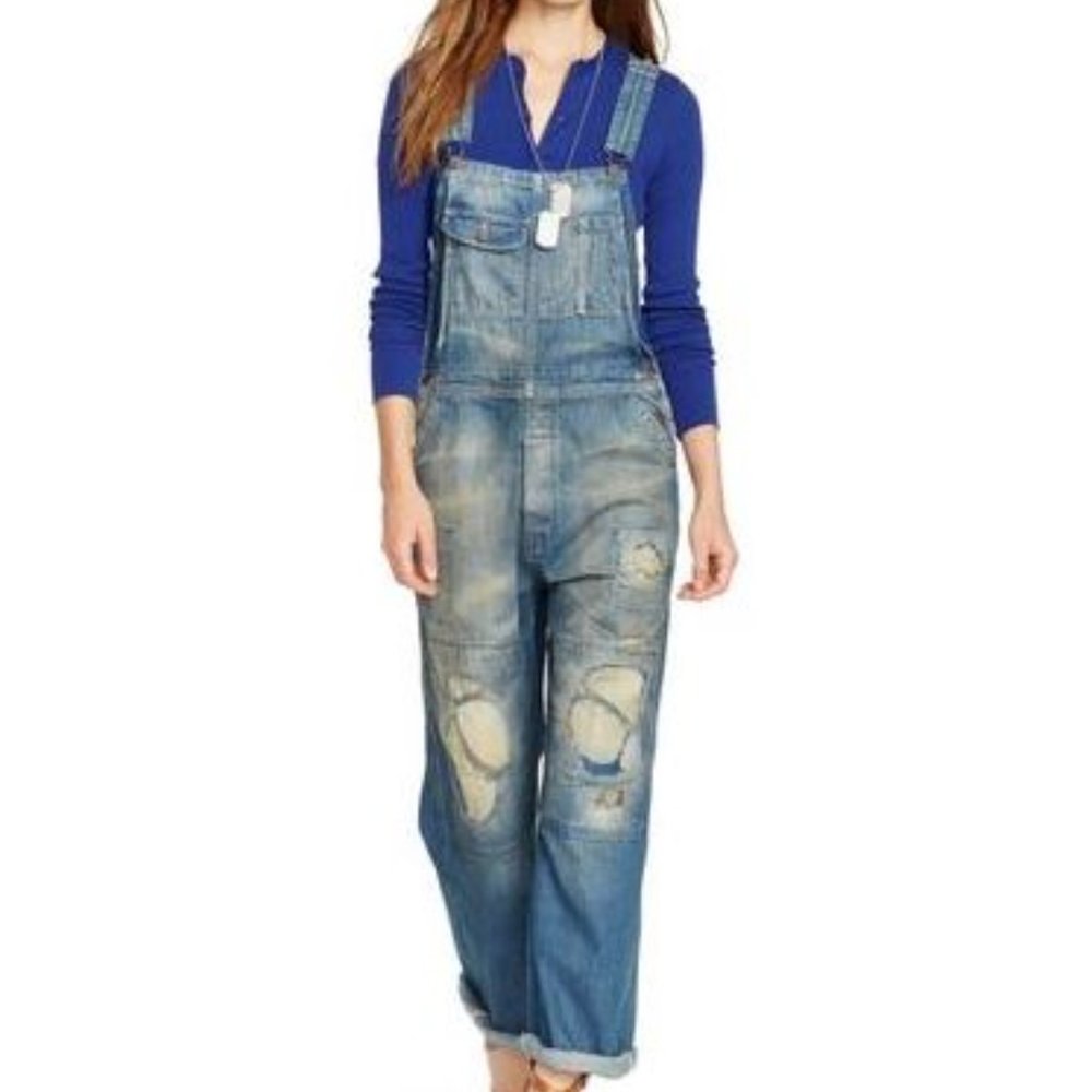 Polo Ralph Lauren Women's Blue Distressed Denim Overalls